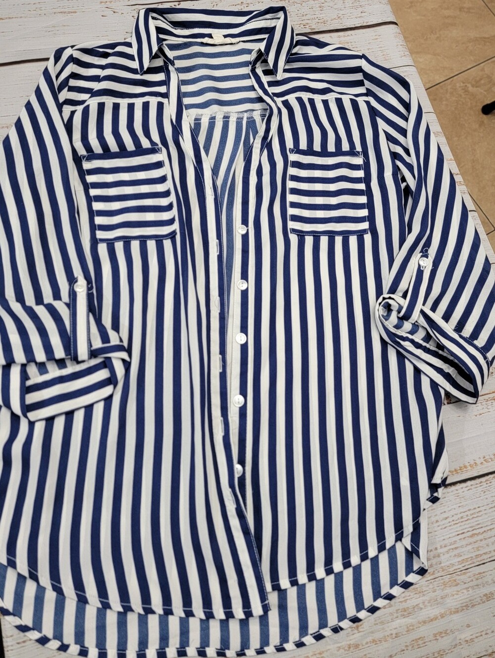 Womens Navy and White Striped Button-Up Shirt